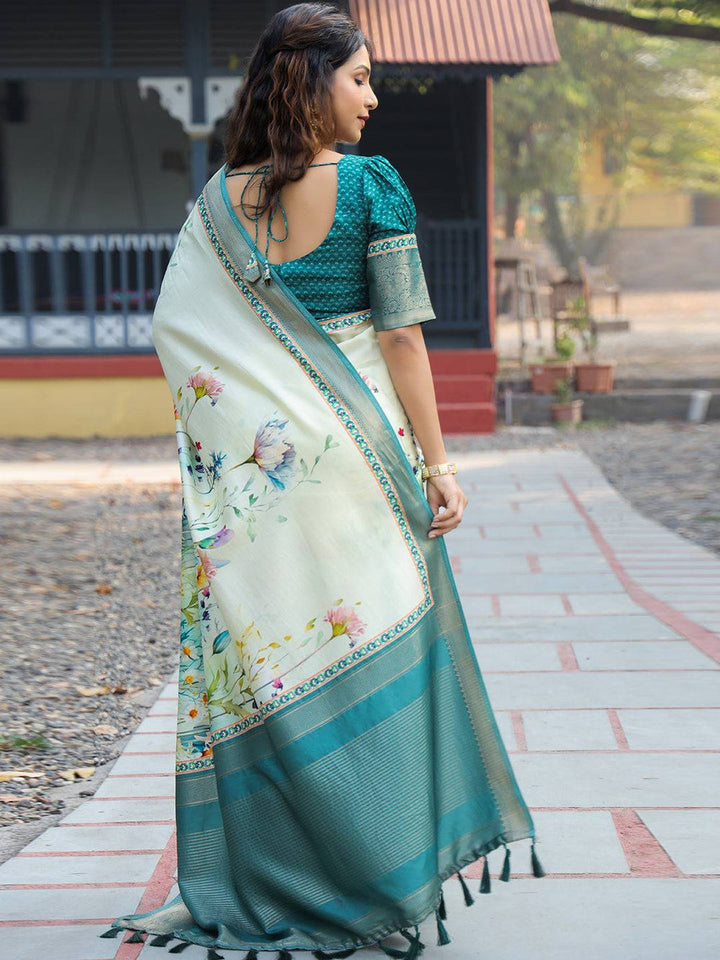 Mint Green Floral Soft Silk Saree for Women
