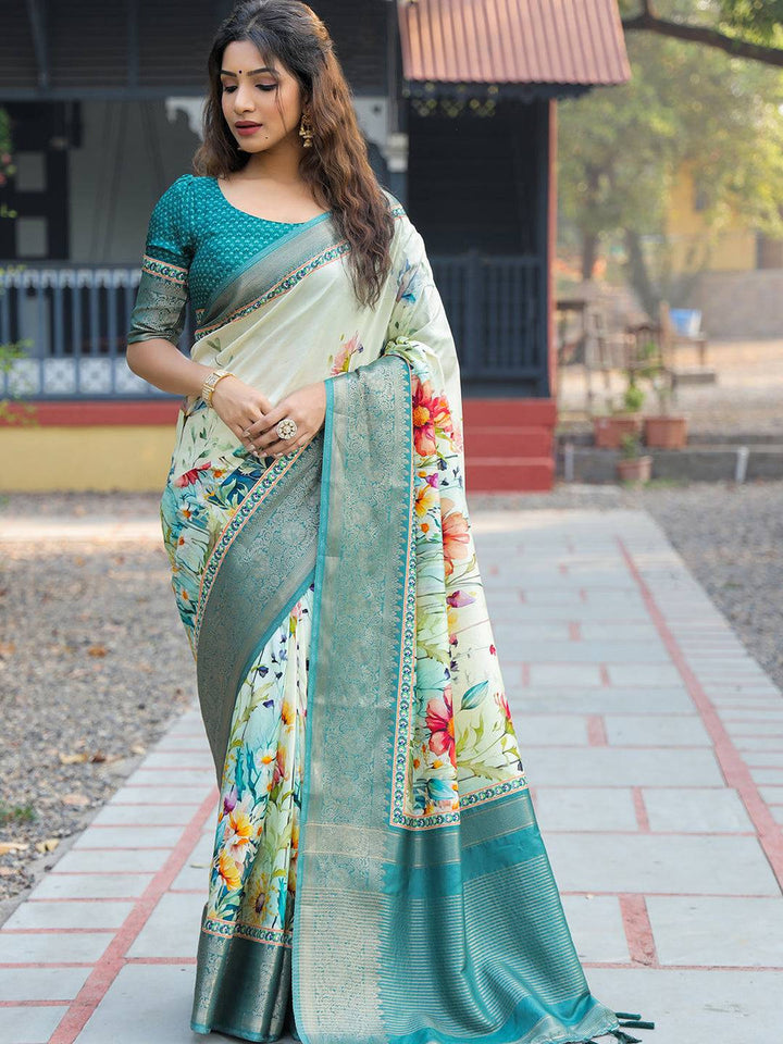 Mint Green Floral Soft Silk Saree for Women
