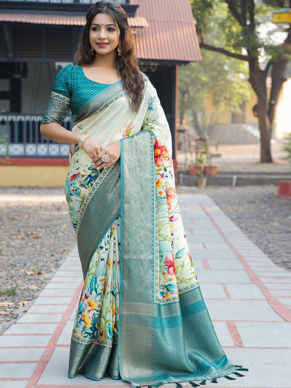 Mint Green Floral Soft Silk Saree for Women