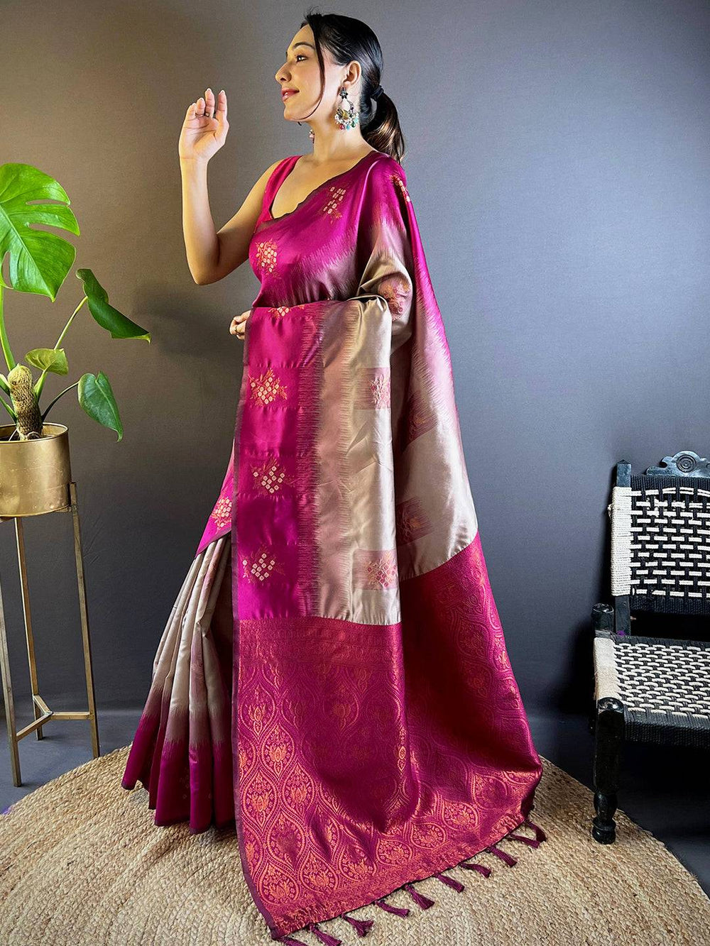 Magenta & Cream Banarasi Silk Saree for Women