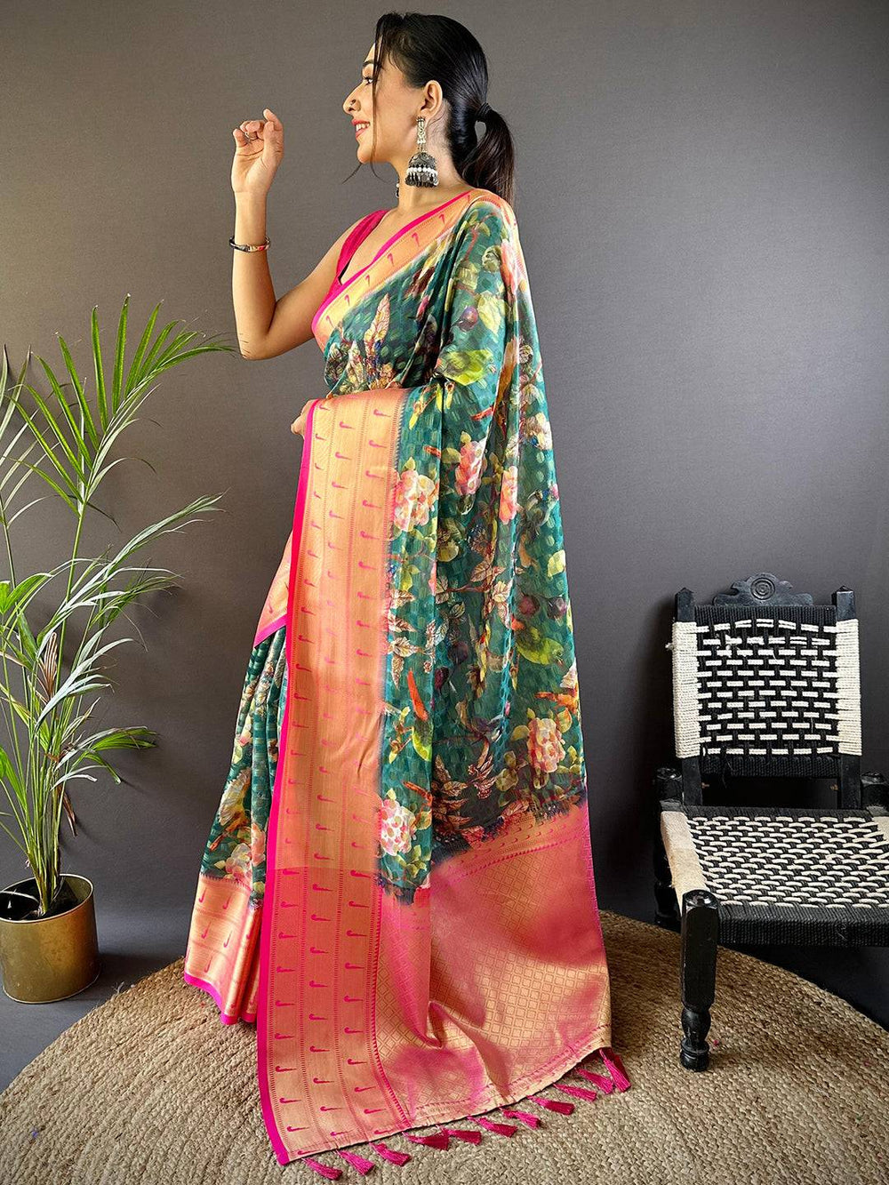 Peach & Green Floral Soft Silk Saree for Women