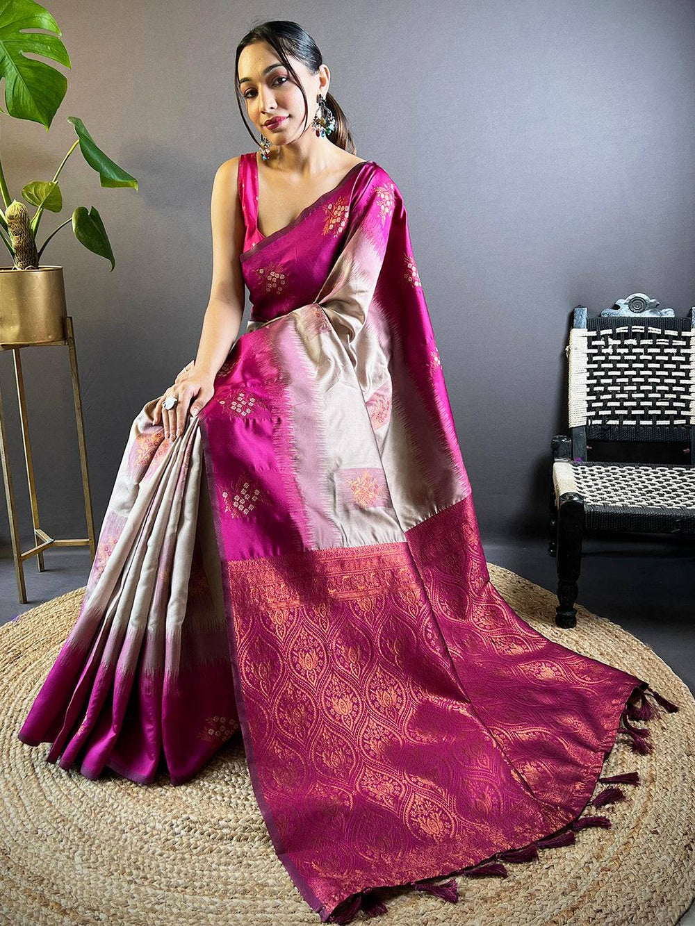 Magenta & Cream Banarasi Silk Saree for Women