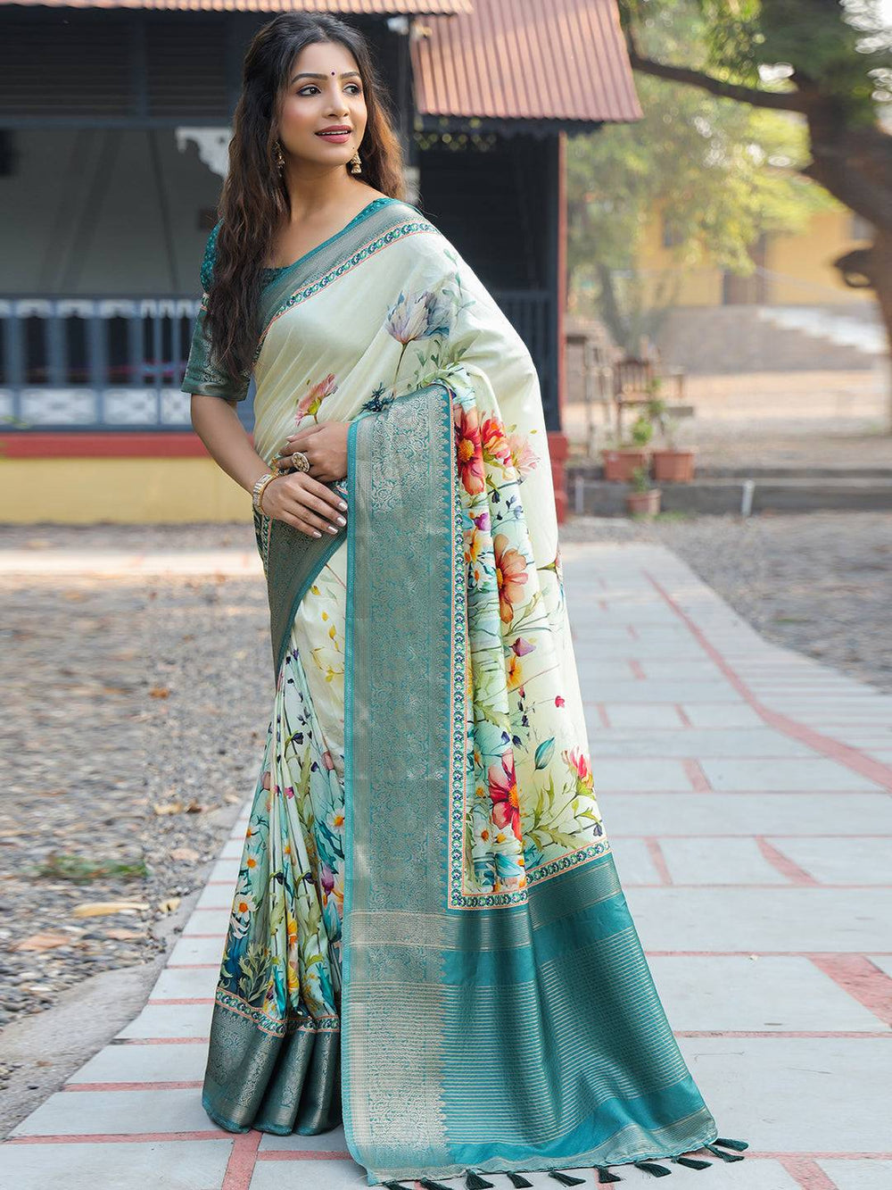 Mint Green Floral Soft Silk Saree for Women