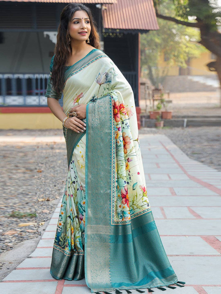Mint Green Floral Soft Silk Saree for Women