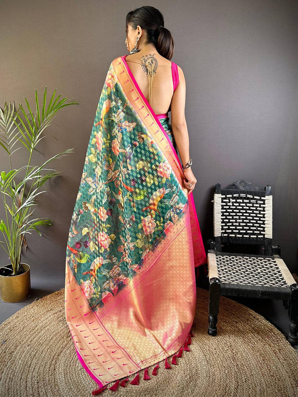 Peach & Green Floral Soft Silk Saree for Women