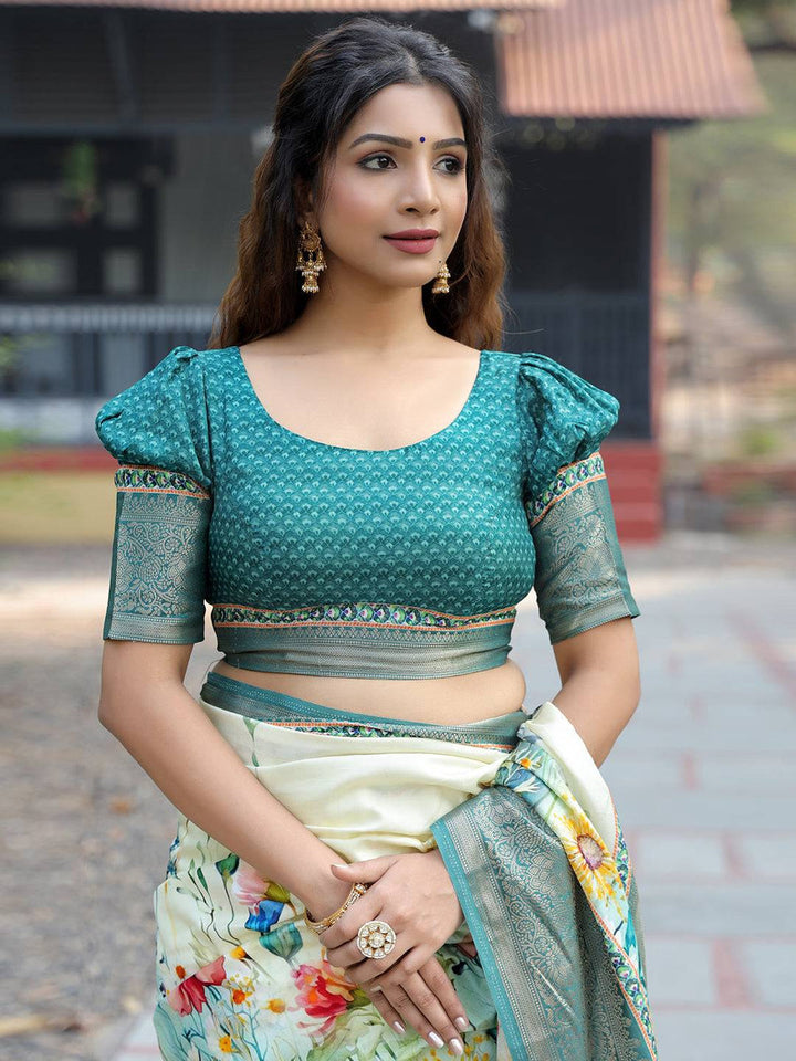 Mint Green Floral Soft Silk Saree for Women