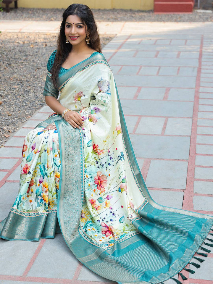 Mint Green Floral Soft Silk Saree for Women