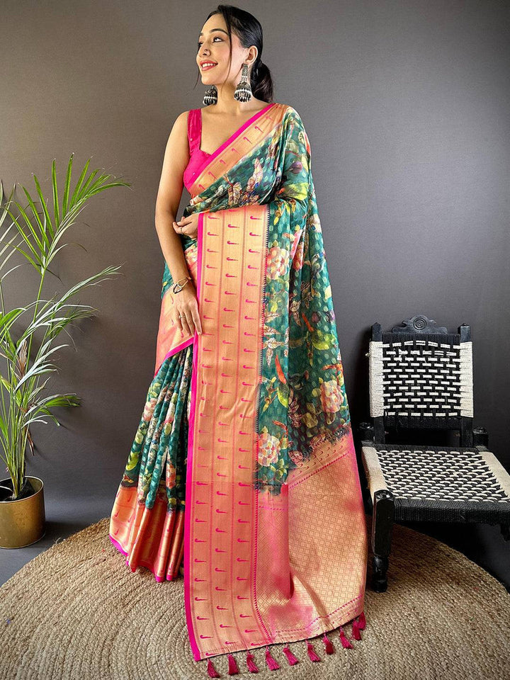 Peach & Green Floral Soft Silk Saree for Women