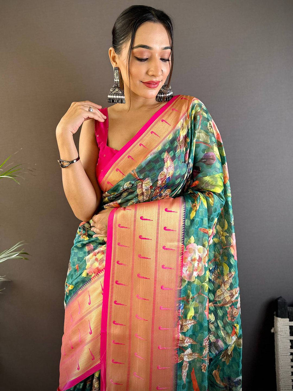 Peach & Green Floral Soft Silk Saree for Women