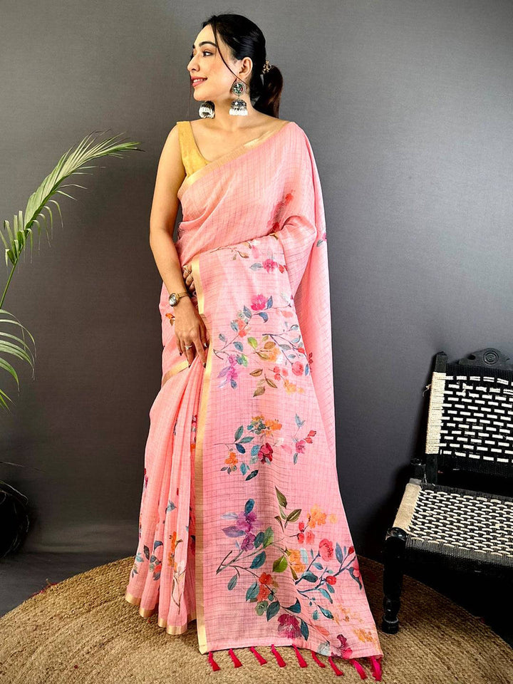 Pastel Pink Floral Soft Linen Saree for Women