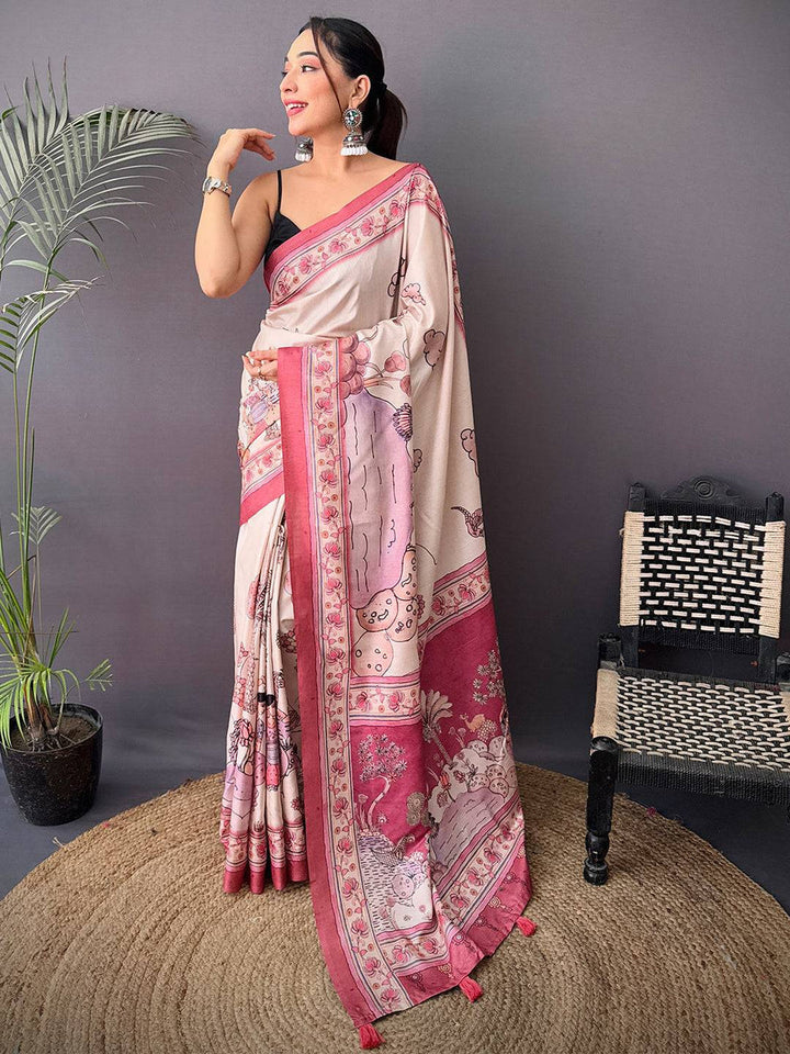 Pink & Cream Printed Soft Silk Saree for Women