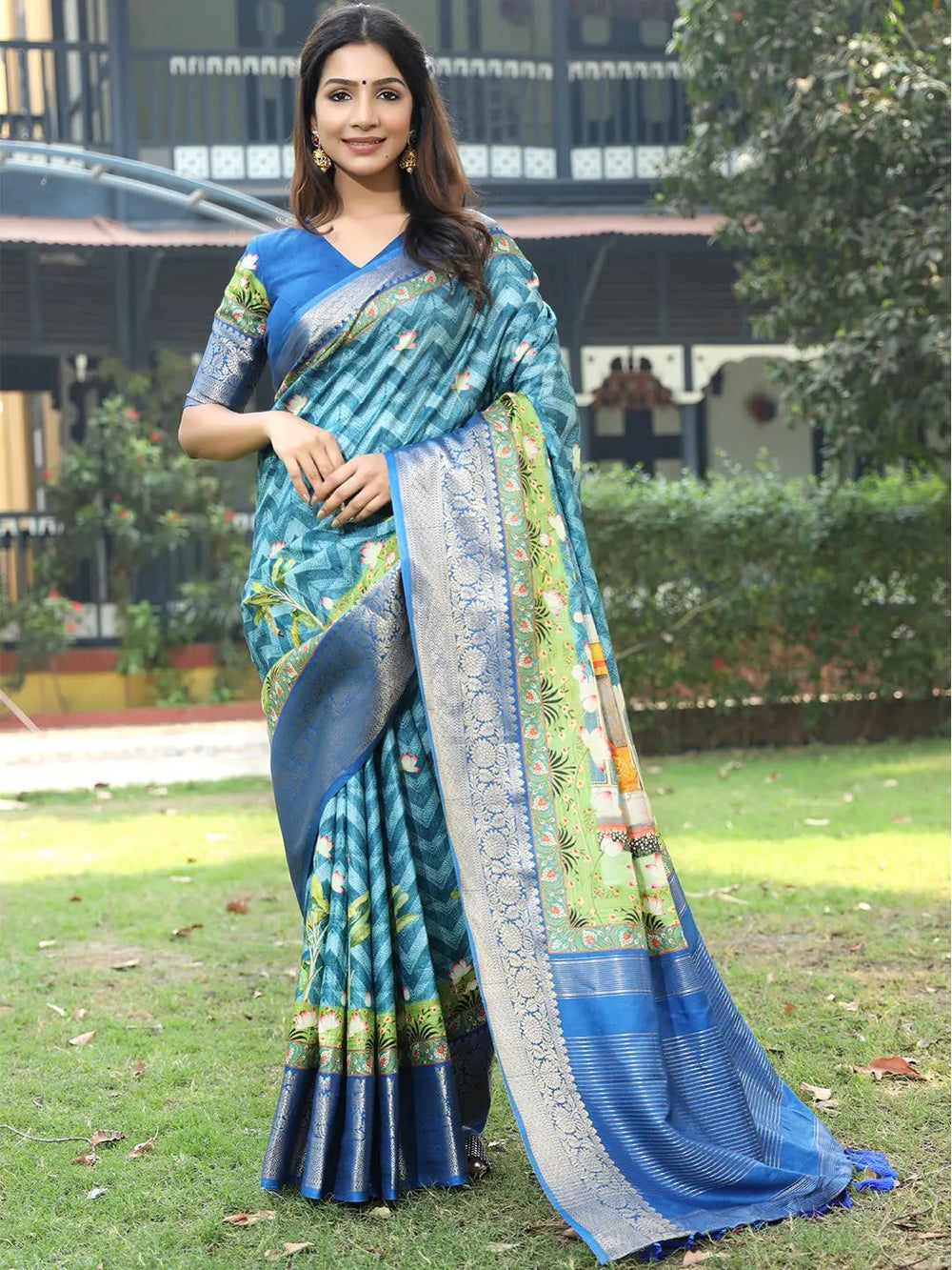 Blue Printed Soft Silk Saree for Women