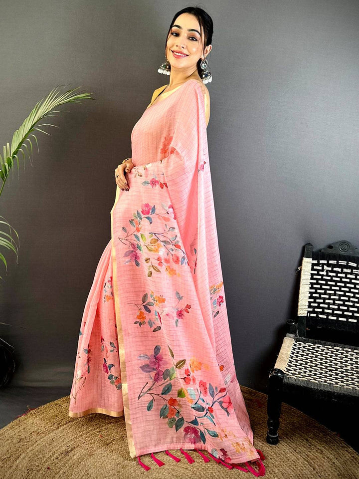 Pastel Pink Floral Soft Linen Saree for Women