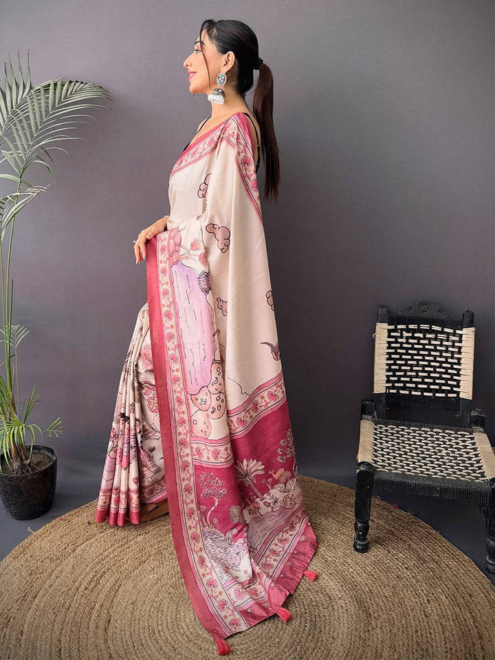 Pink & Cream Printed Soft Silk Saree for Women