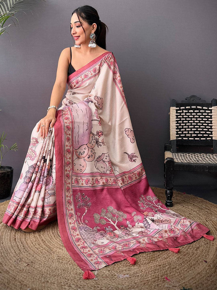 Pink & Cream Printed Soft Silk Saree for Women