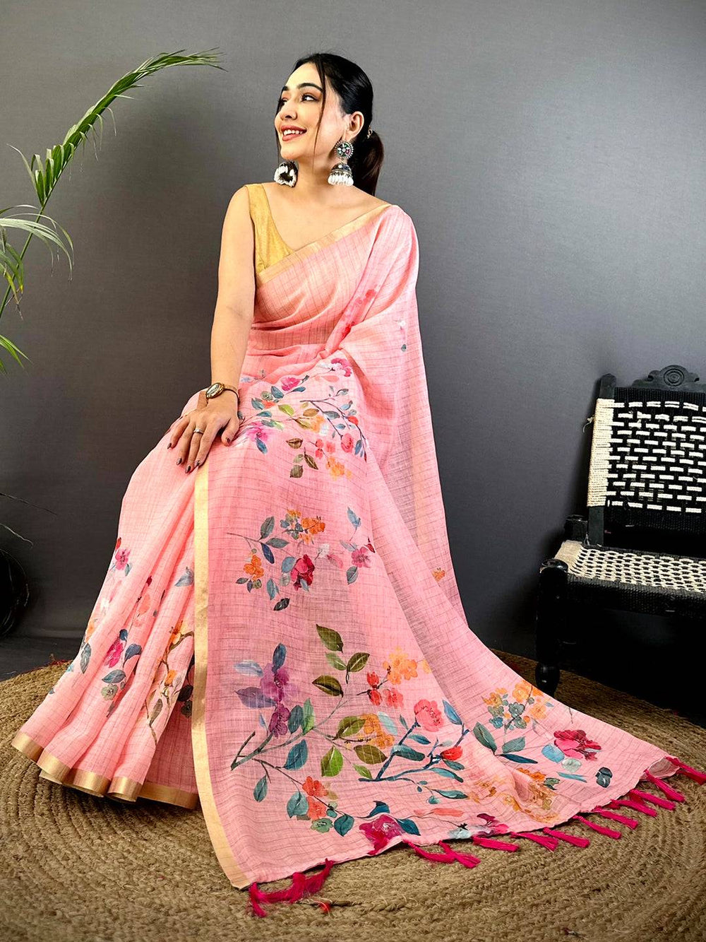 Pastel Pink Floral Soft Linen Saree for Women