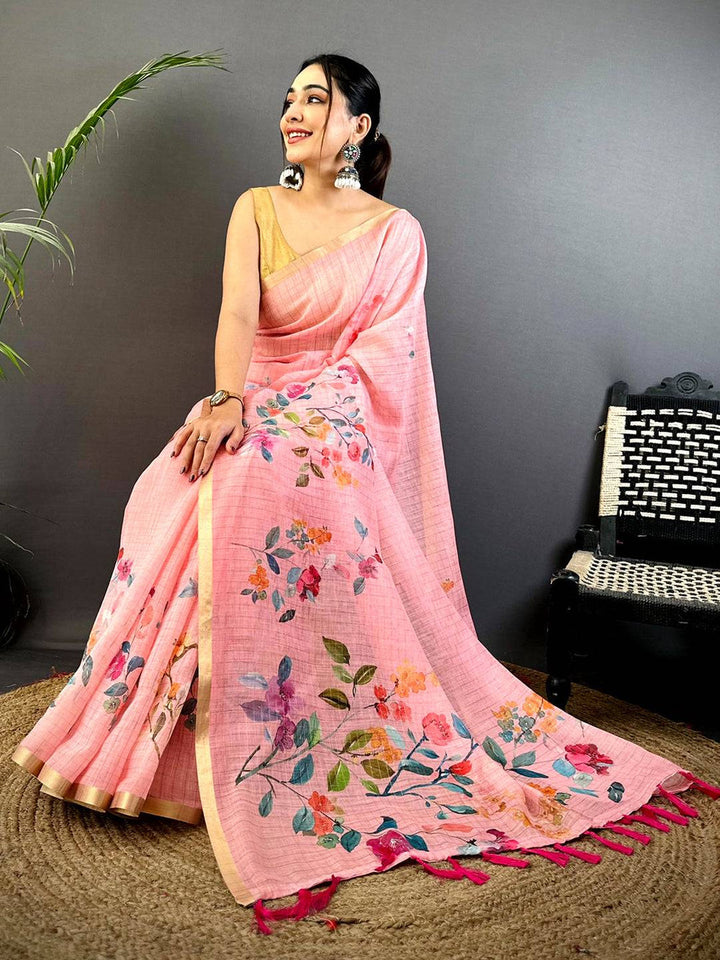 Pastel Pink Floral Soft Linen Saree for Women