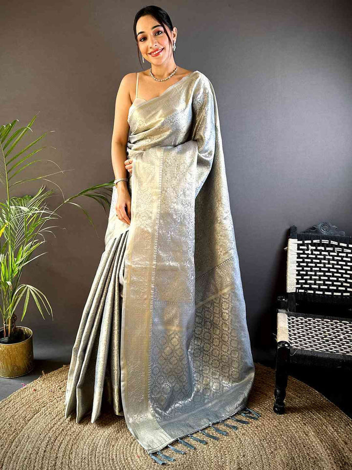 Elegant Silver Banarasi Silk Saree for Women