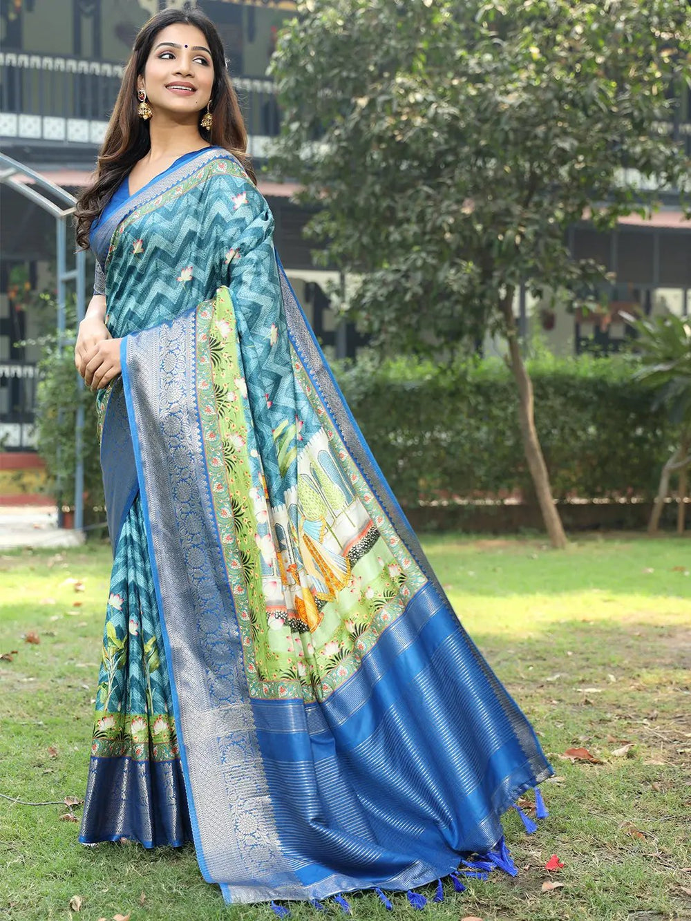 Blue Printed Soft Silk Saree for Women