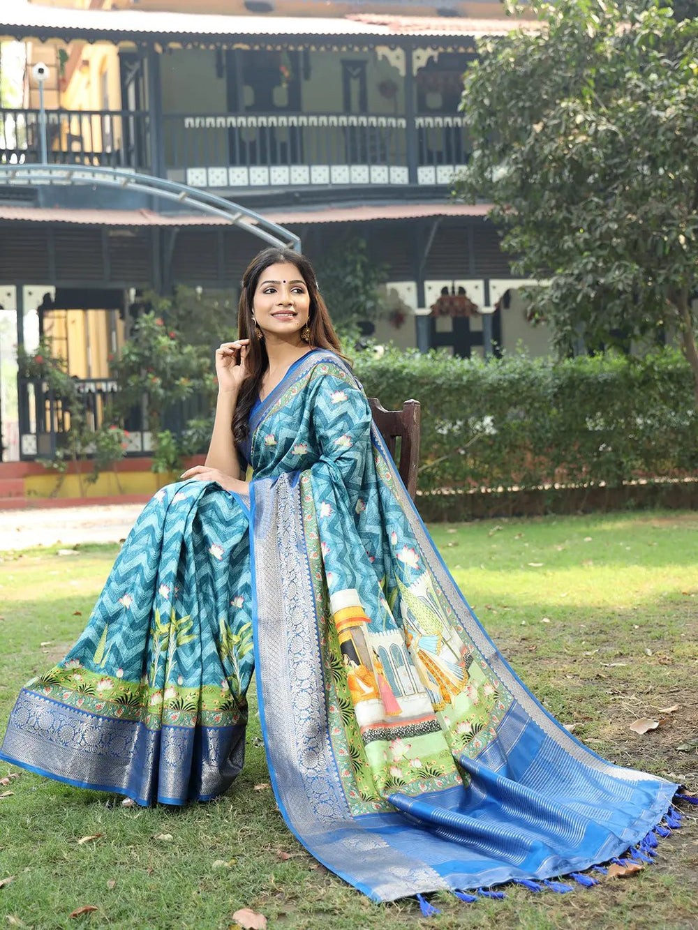 Blue Printed Soft Silk Saree for Women