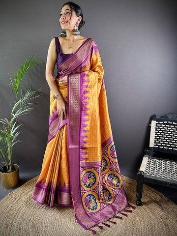 Mustard Yellow & Purple Soft Silk Saree for Women