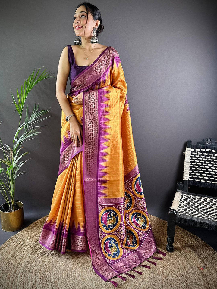 Mustard Yellow & Purple Soft Silk Saree for Women
