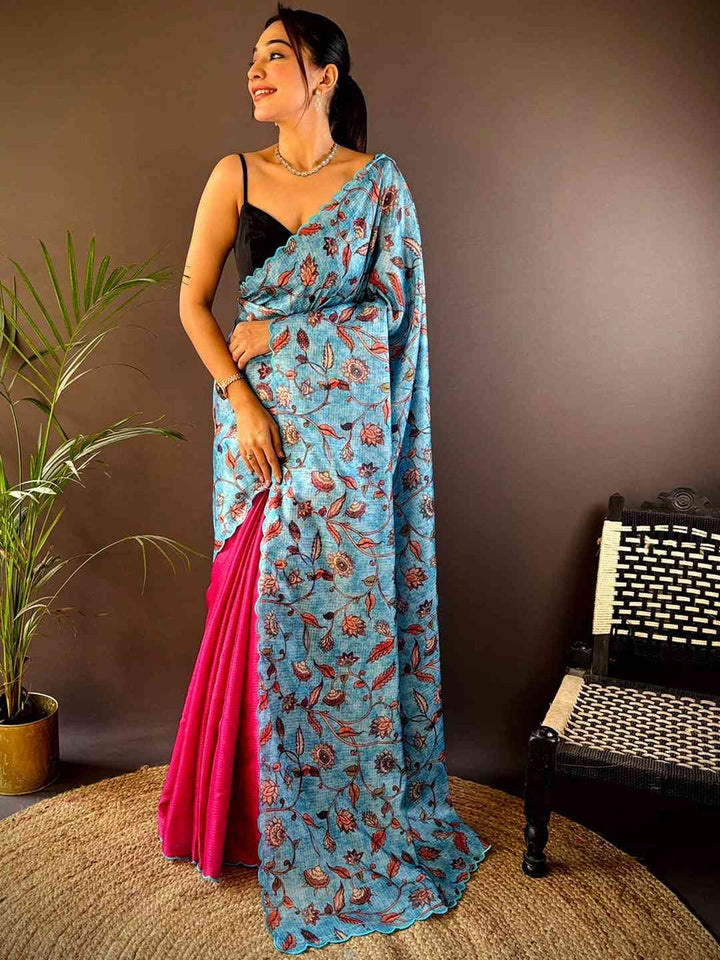Teal Blue Floral Printed Soft Silk Saree with Pink Pleats