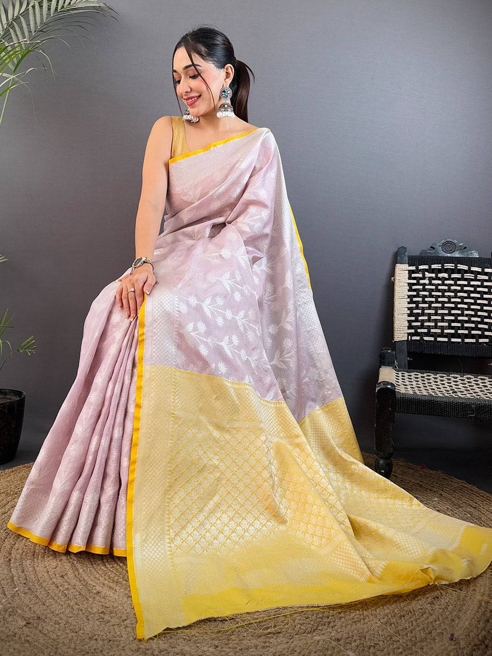 Lavender & Yellow Banarasi Silk Saree with Zari Weaving