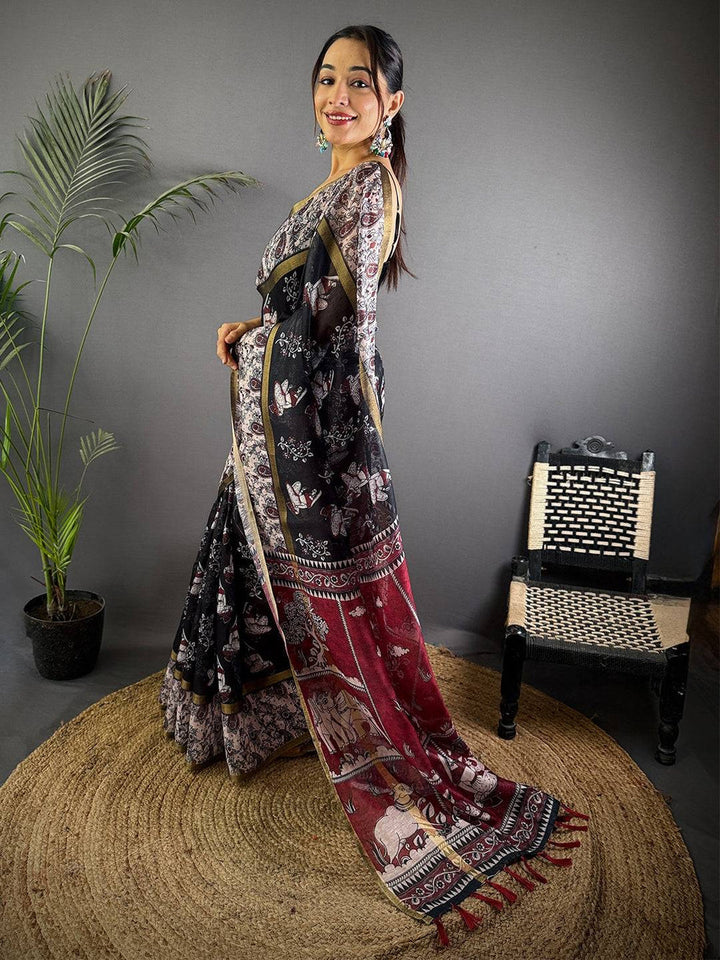 Black & Beige Soft Silk Saree with Traditional Print & Gold Border