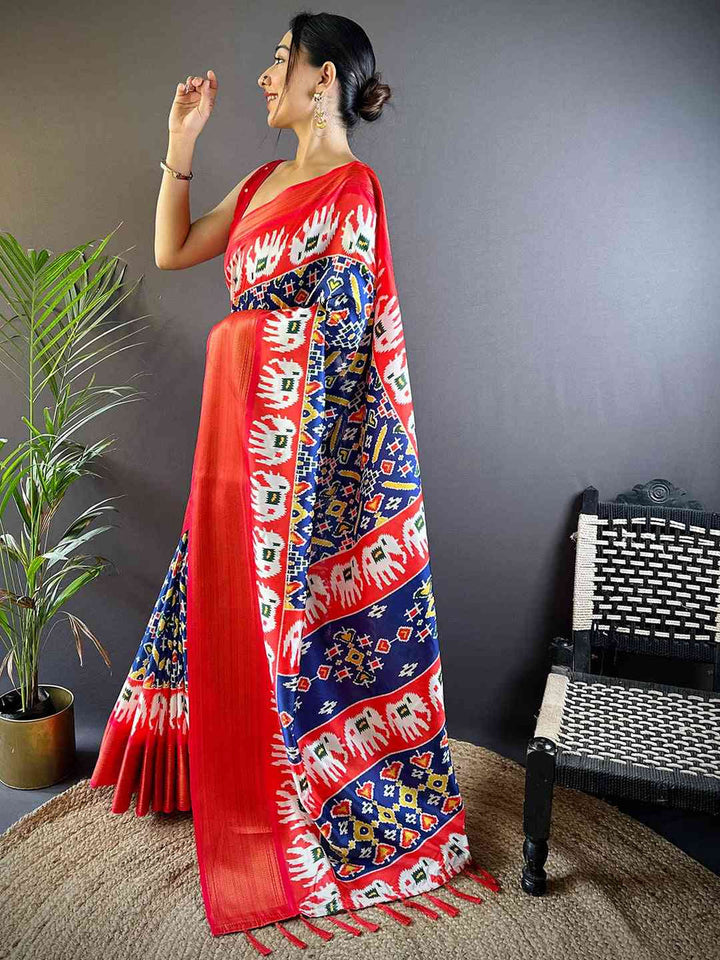 Red & Navy Blue Pochampally Ikkat Silk Saree for Women