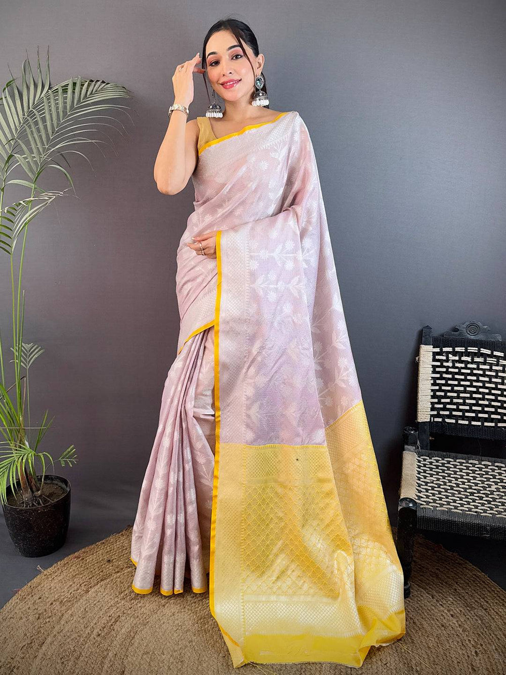 Lavender & Yellow Banarasi Silk Saree with Zari Weaving