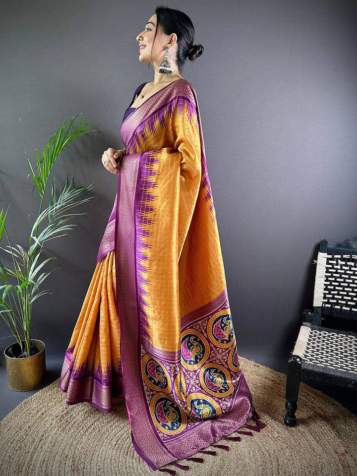 Mustard Yellow & Purple Soft Silk Saree for Women