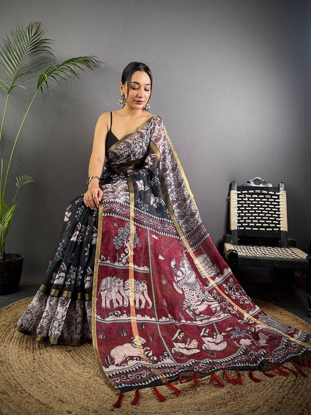 Black & Beige Soft Silk Saree with Traditional Print & Gold Border