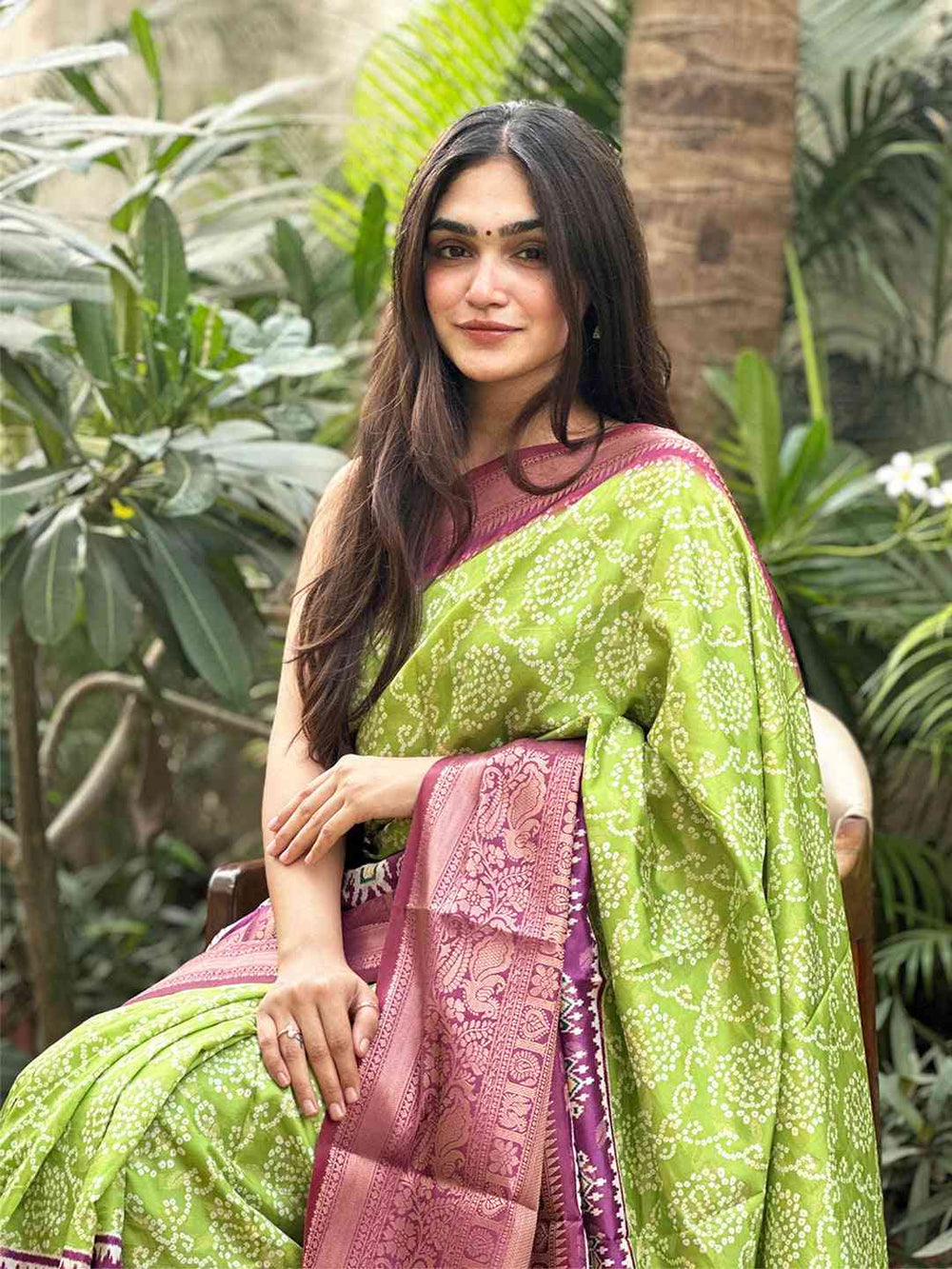 Lime Green Soft Silk Saree with Wine Maroon Zari Border & Tribal Motif Pallu