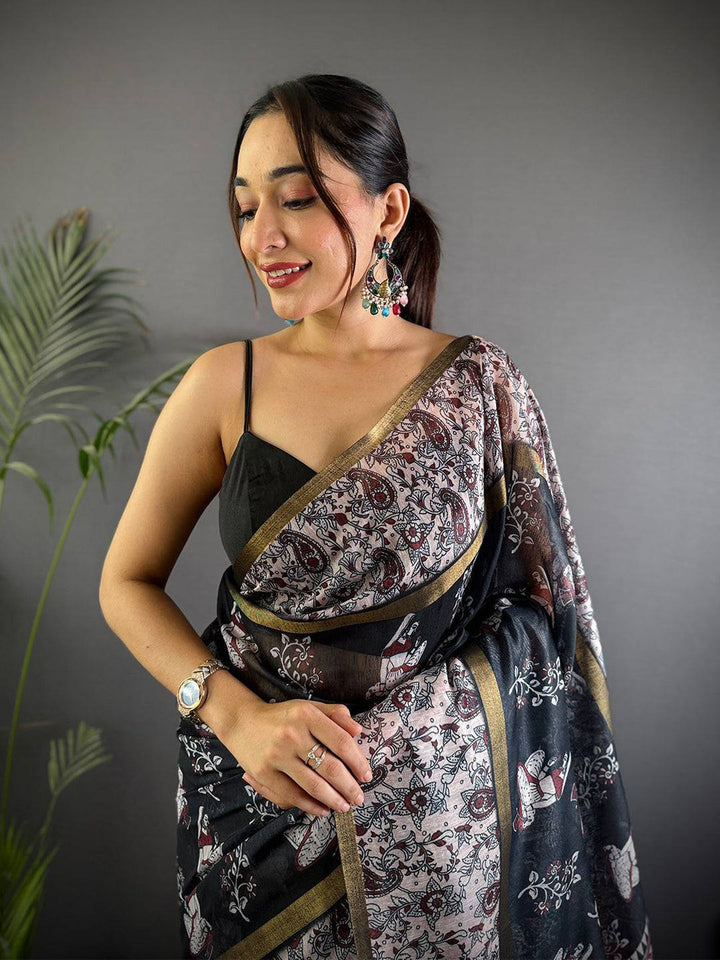 Black & Beige Soft Silk Saree with Traditional Print & Gold Border