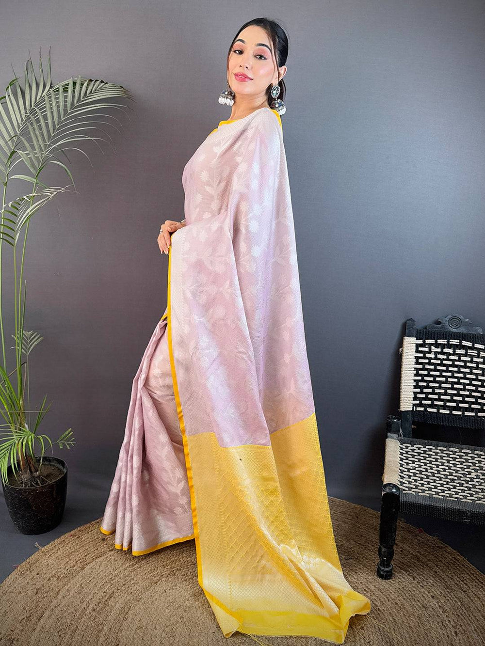 Lavender & Yellow Banarasi Silk Saree with Zari Weaving