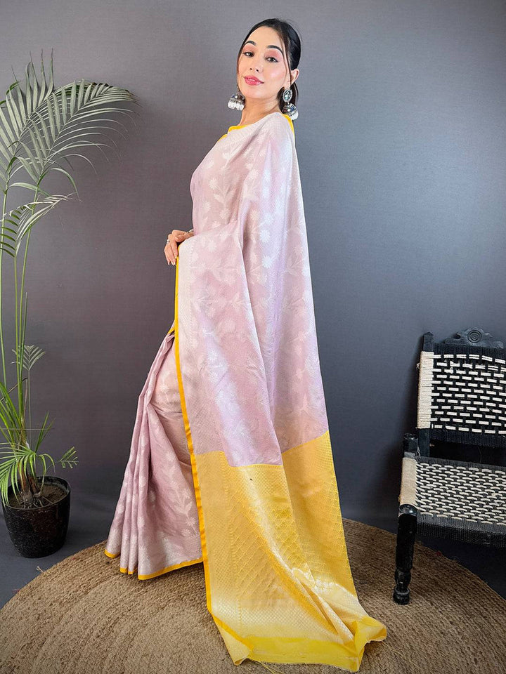Lavender & Yellow Banarasi Silk Saree with Zari Weaving