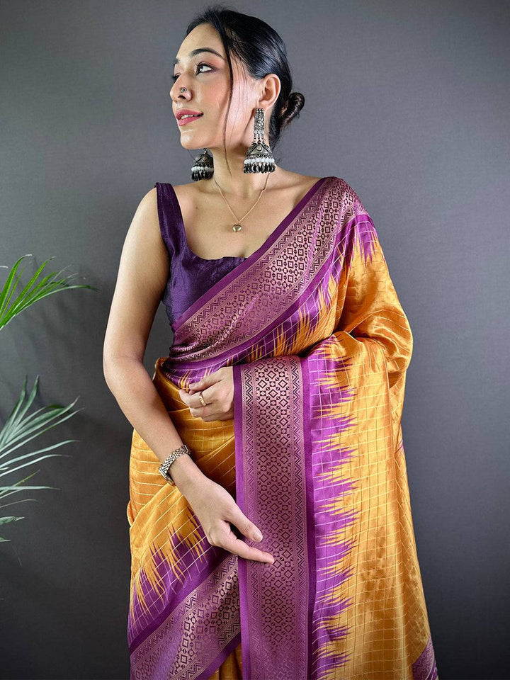 Mustard Yellow & Purple Soft Silk Saree for Women
