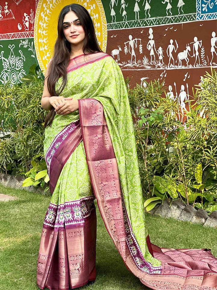 Lime Green Bandhani Soft Silk Saree with Contrast Purple Zari Border