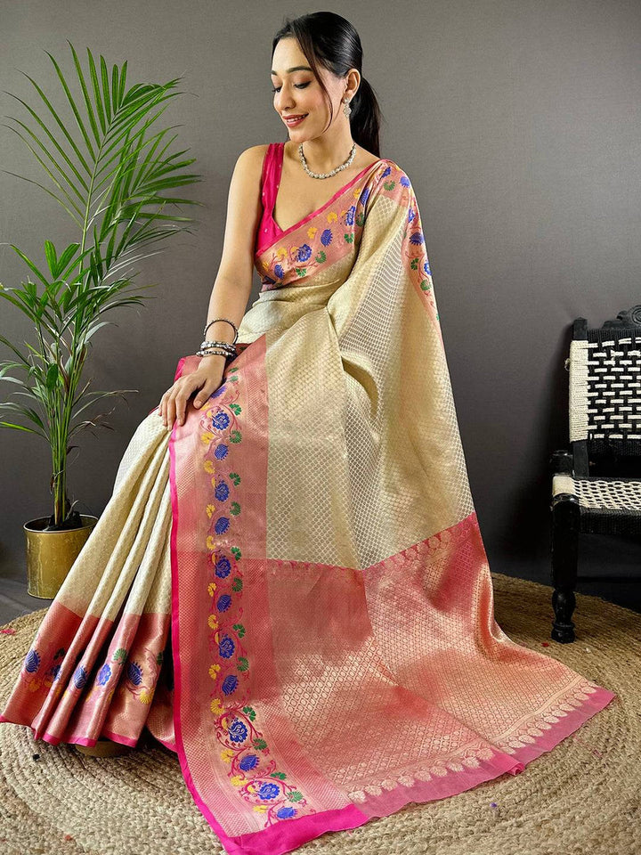 Cream & Pink Soft Silk Saree with Floral Embroidery Border