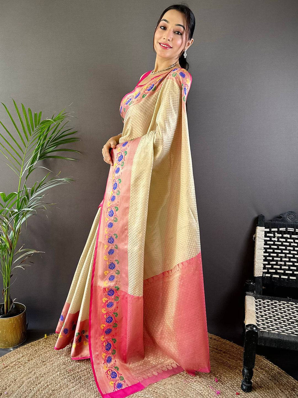 Cream & Pink Soft Silk Saree with Floral Embroidery Border
