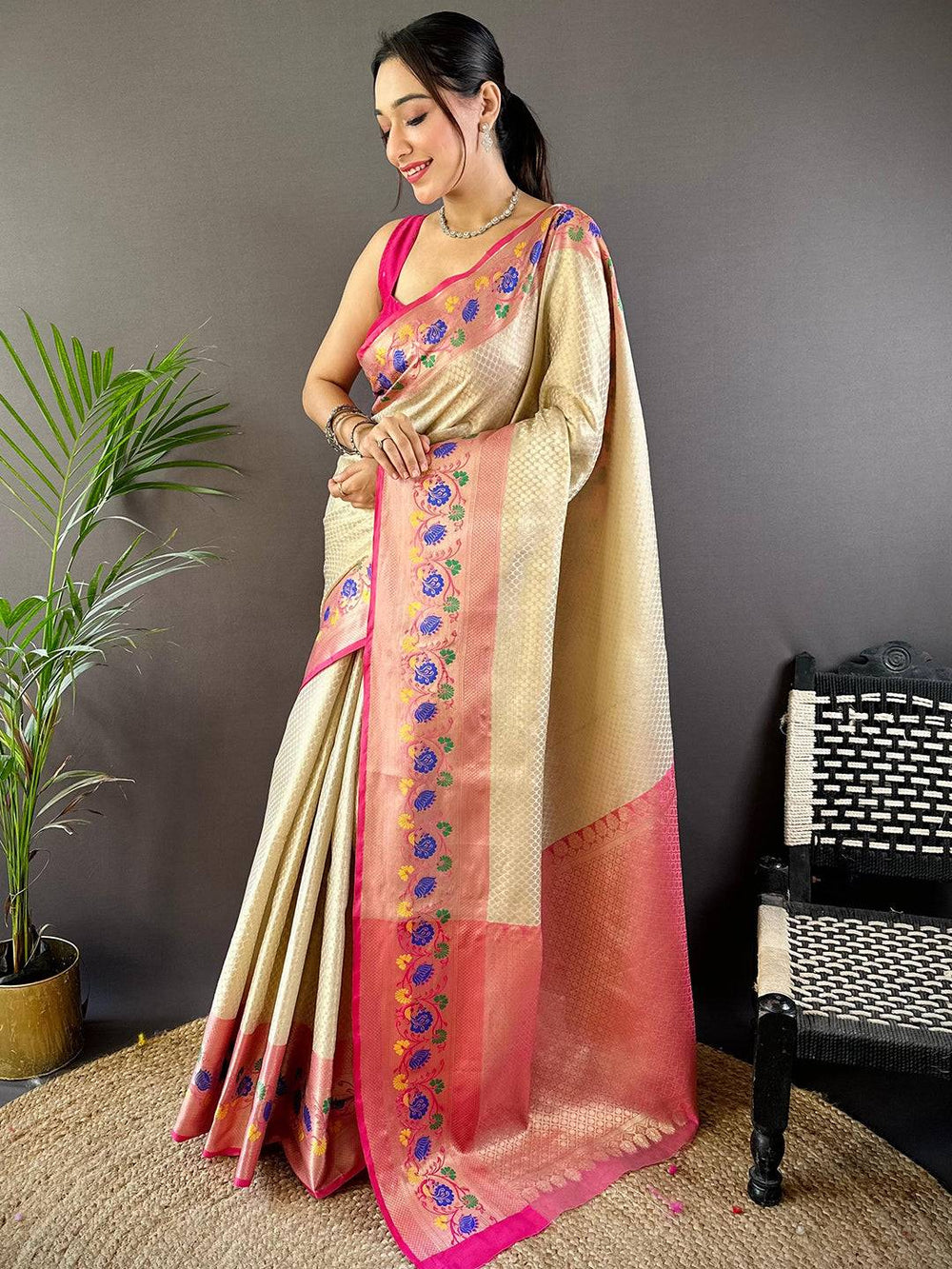 Cream & Pink Soft Silk Saree with Floral Embroidery Border