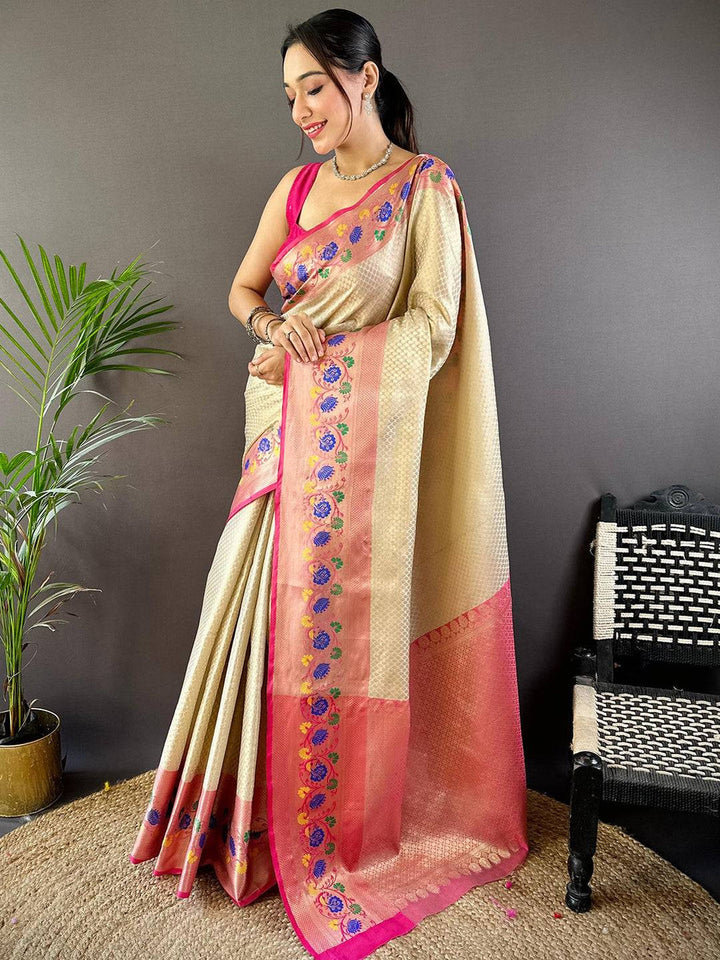 Cream & Pink Soft Silk Saree with Floral Embroidery Border