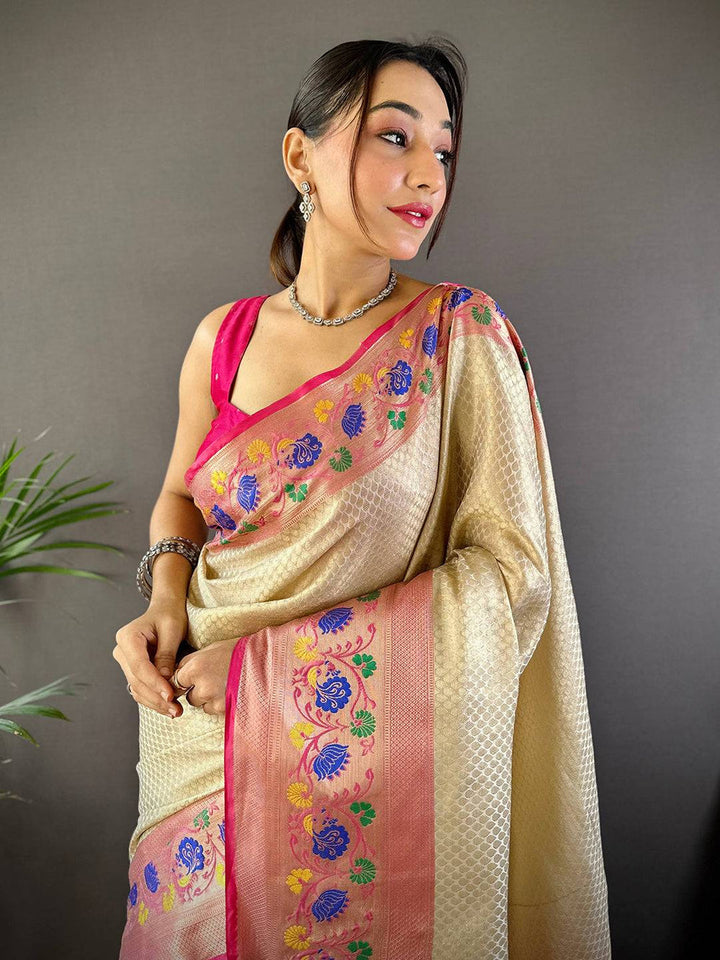 Cream & Pink Soft Silk Saree with Floral Embroidery Border