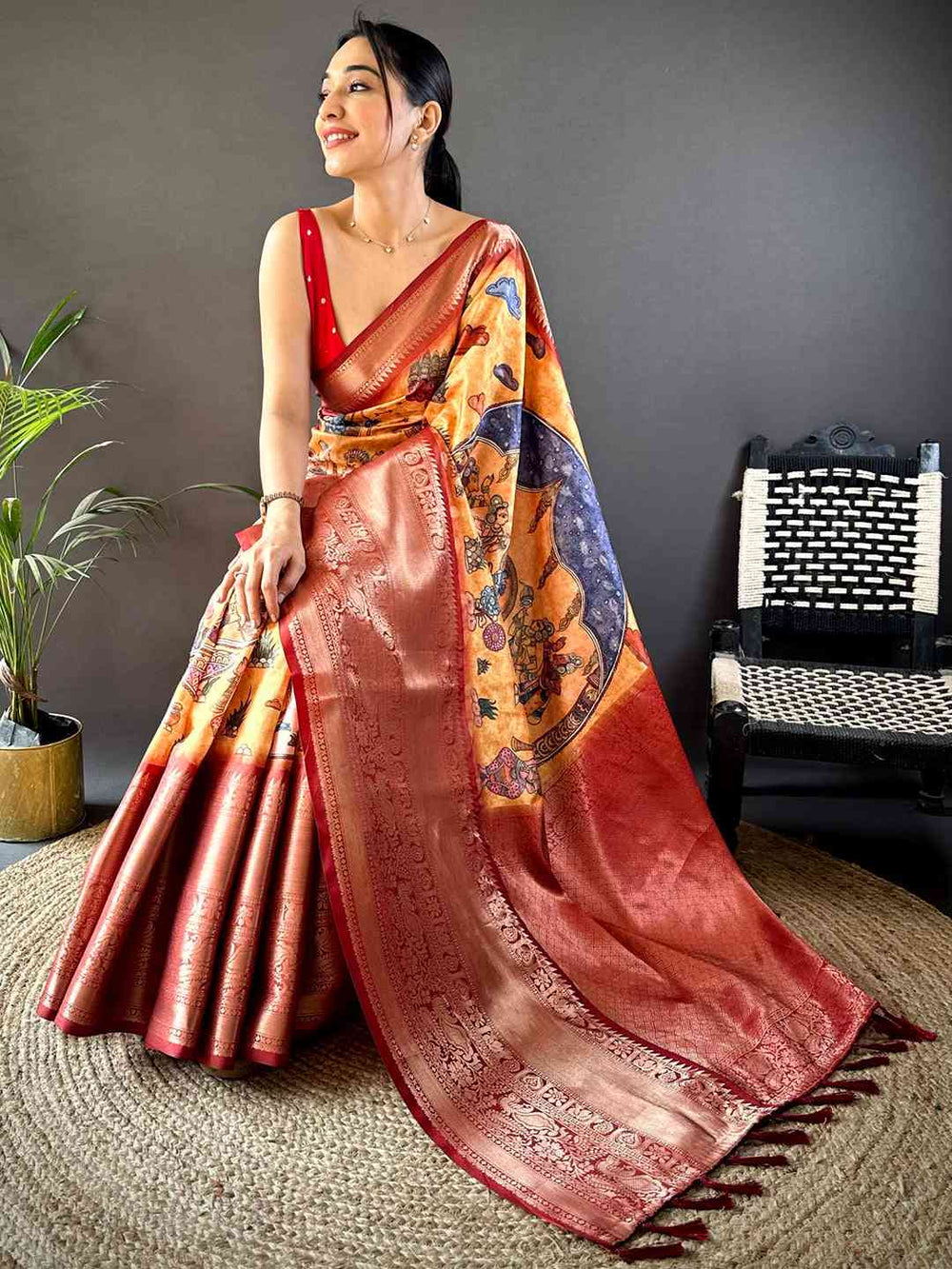 Copper Orange Soft Silk Saree with Digital Print & Rich Zari Border