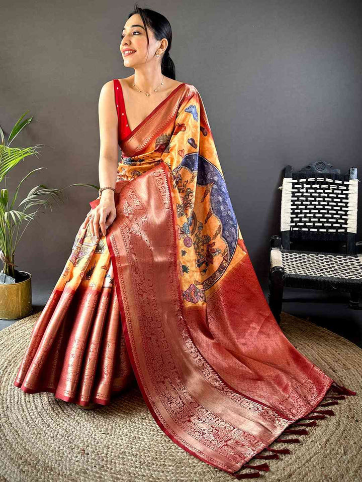 Copper Orange Soft Silk Saree with Digital Print & Rich Zari Border