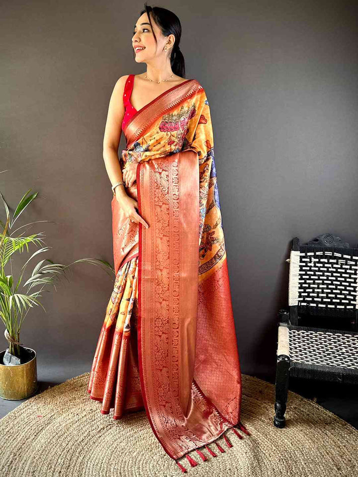Copper Orange Soft Silk Saree with Digital Print & Rich Zari Border