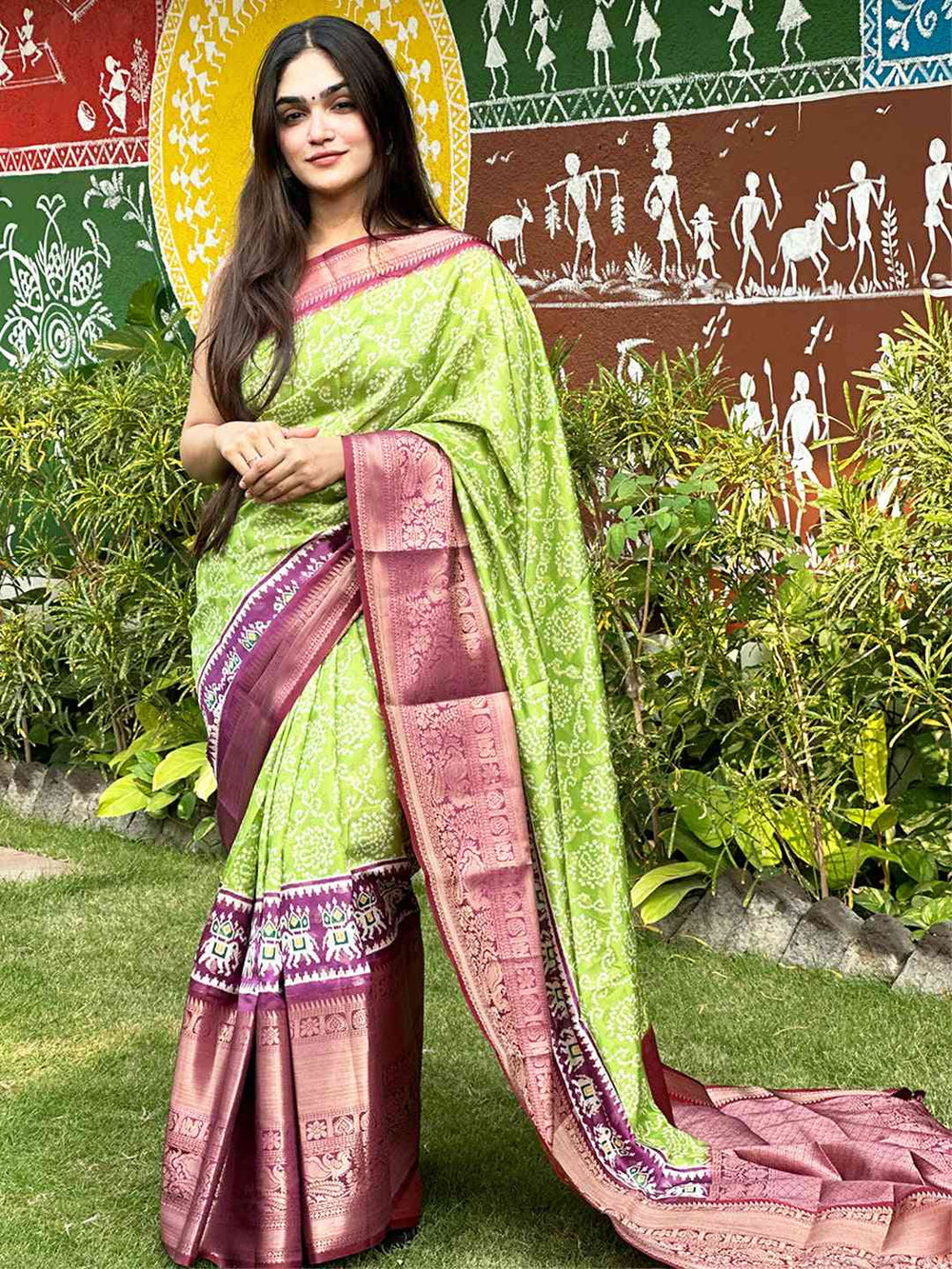 Lime Green Soft Silk Saree with Wine Maroon Zari Border & Tribal Motif Pallu