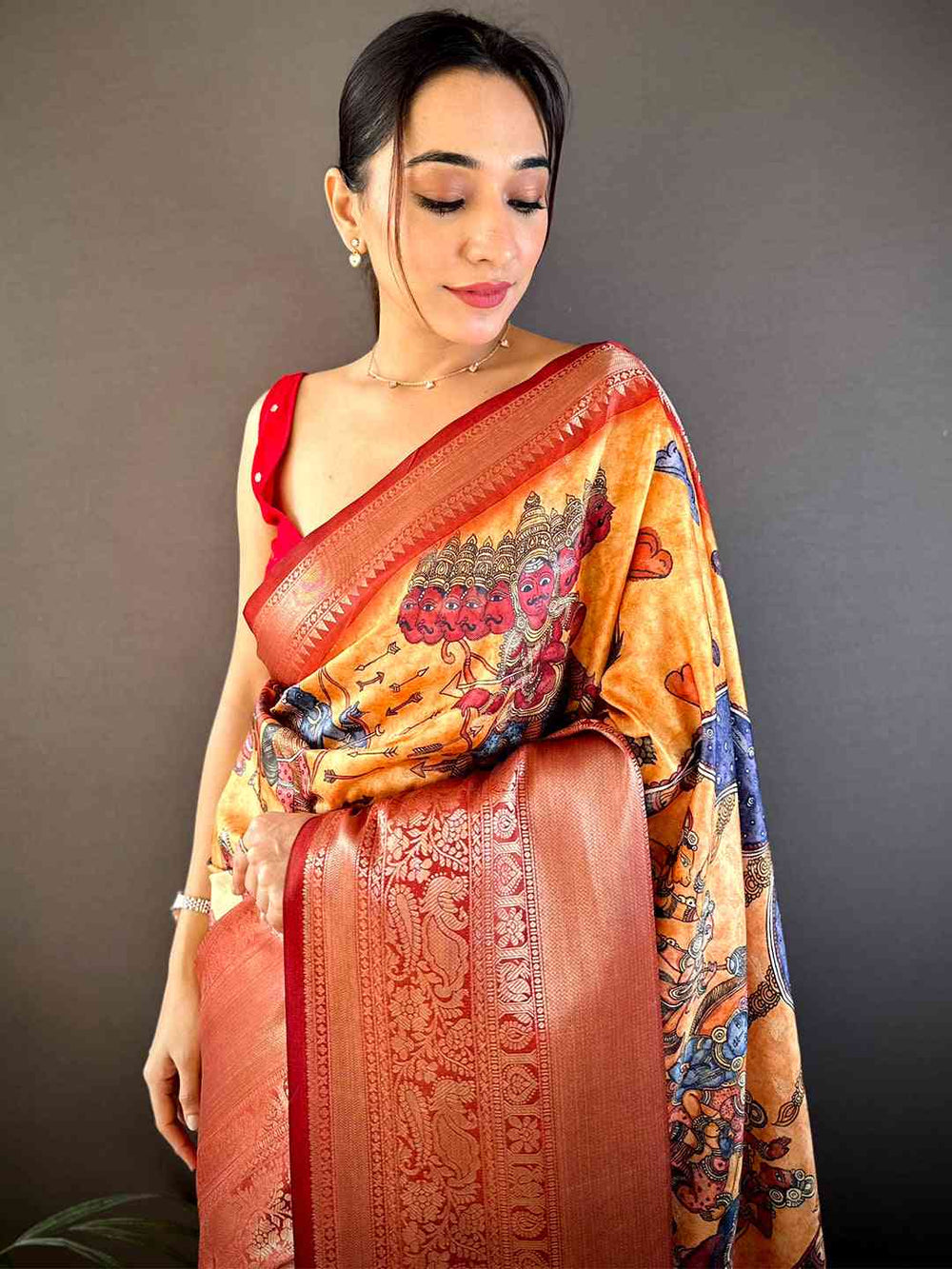 Copper Orange Soft Silk Saree with Digital Print & Rich Zari Border