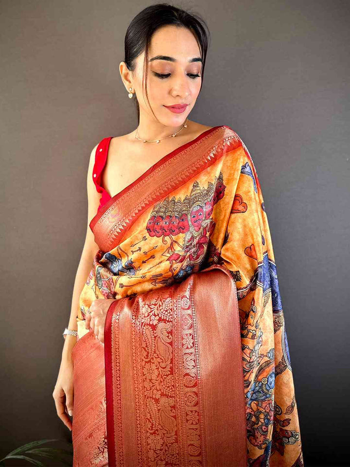 Copper Orange Soft Silk Saree with Digital Print & Rich Zari Border